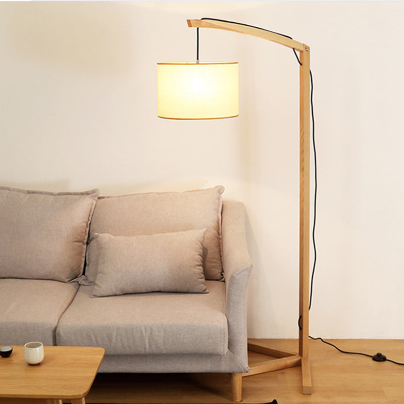 Cylinder Fabric Reading Floor Lamp Modern 1 Bulb Wood Floor Light with Bow Pole and Three-Foot Stand Clearhalo 'Floor Lamps' 'Lamps' Lighting' 1949407