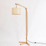 Cylinder Fabric Reading Floor Lamp Modern 1 Bulb Wood Floor Light with Bow Pole and Three-Foot Stand Clearhalo 'Floor Lamps' 'Lamps' Lighting' 1949409