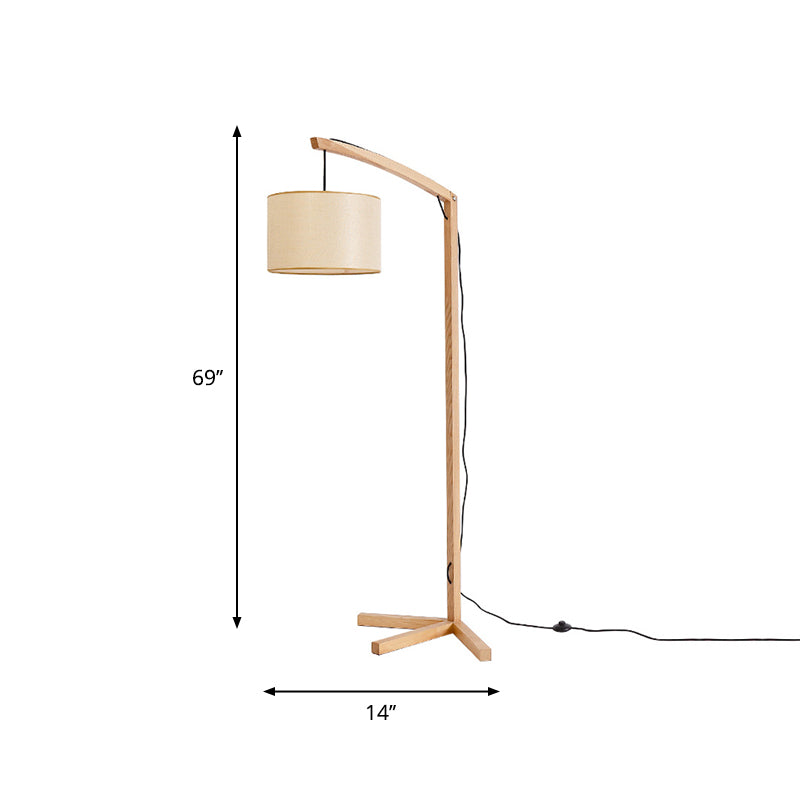 Cylinder Fabric Reading Floor Lamp Modern 1 Bulb Wood Floor Light with Bow Pole and Three-Foot Stand Clearhalo 'Floor Lamps' 'Lamps' Lighting' 1949410