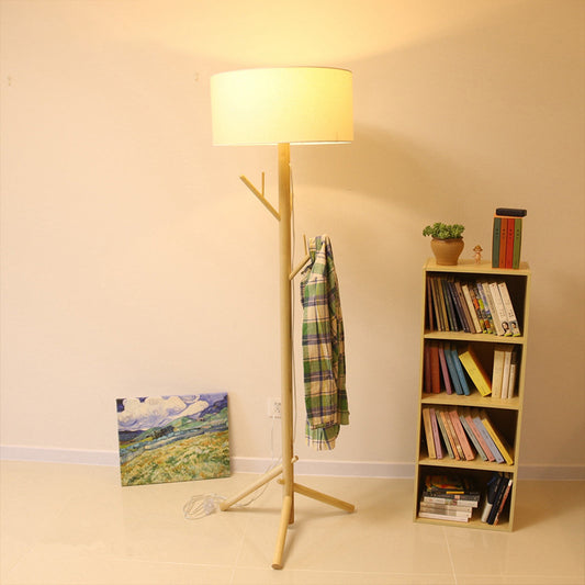 Three-Legged Drum Floor Lighting Minimalist Fabric 1 Head Bedroom Floor Lamp with Wood Coat Rack Wood Clearhalo 'Floor Lamps' 'Lamps' Lighting' 1949411