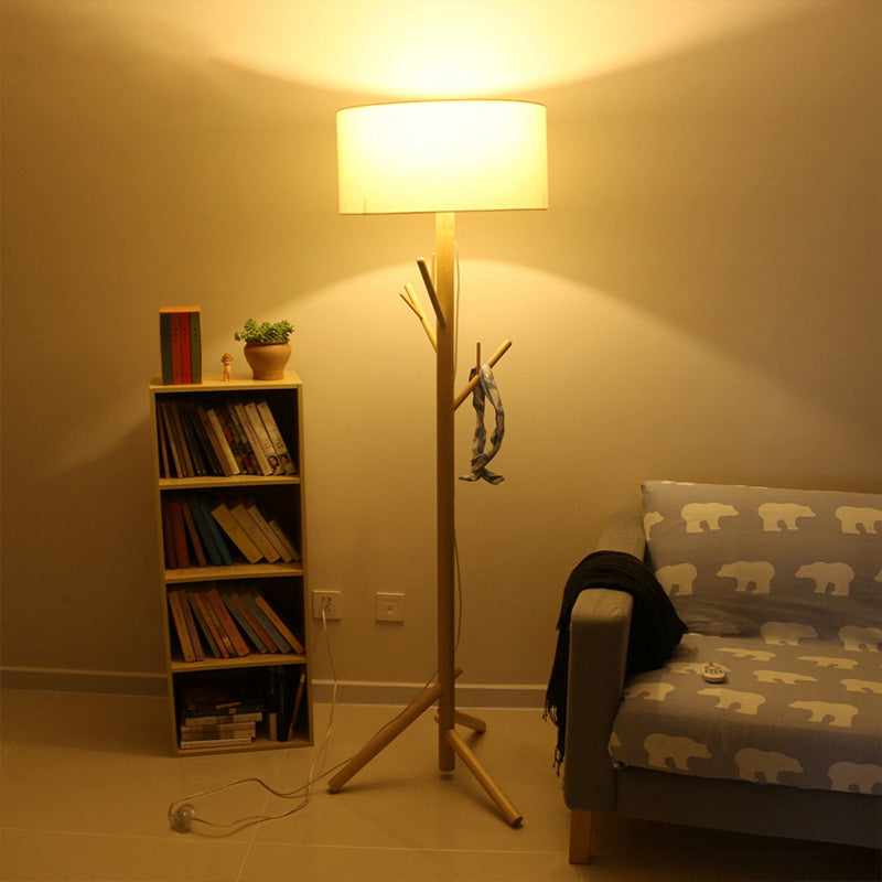 Three-Legged Drum Floor Lighting Minimalist Fabric 1 Head Bedroom Floor Lamp with Wood Coat Rack Clearhalo 'Floor Lamps' 'Lamps' Lighting' 1949412