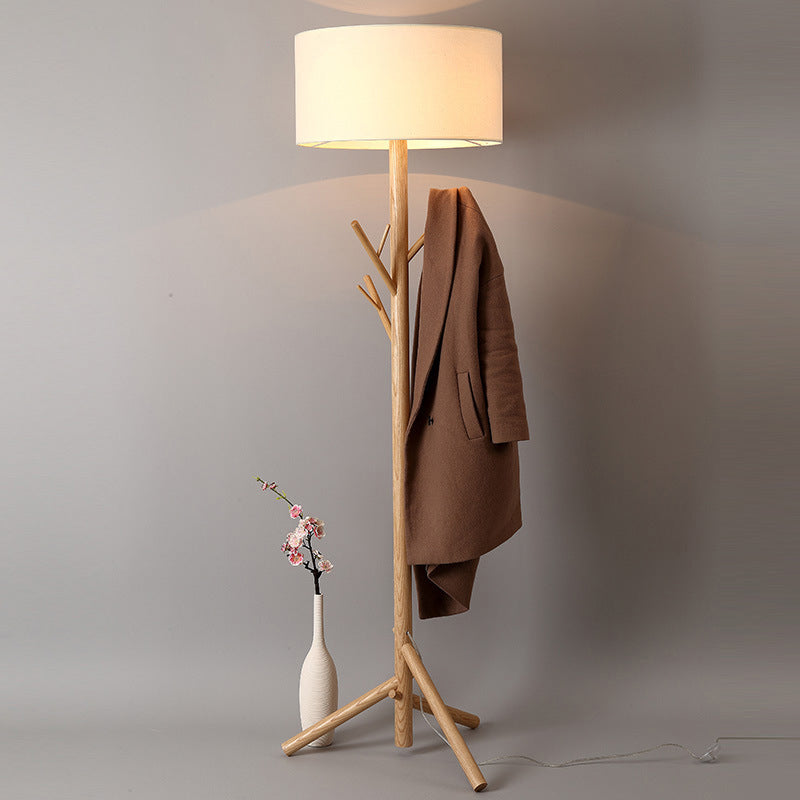 Three-Legged Drum Floor Lighting Minimalist Fabric 1 Head Bedroom Floor Lamp with Wood Coat Rack Clearhalo 'Floor Lamps' 'Lamps' Lighting' 1949413