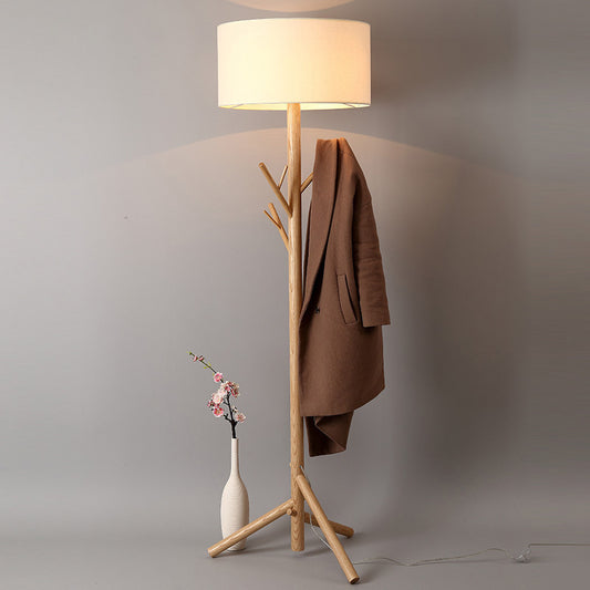 Three-Legged Drum Floor Lighting Minimalist Fabric 1 Head Bedroom Floor Lamp with Wood Coat Rack Clearhalo 'Floor Lamps' 'Lamps' Lighting' 1949413
