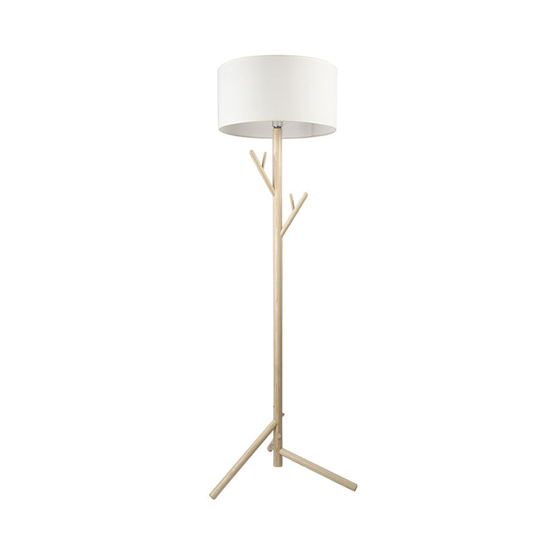 Three-Legged Drum Floor Lighting Minimalist Fabric 1 Head Bedroom Floor Lamp with Wood Coat Rack Clearhalo 'Floor Lamps' 'Lamps' Lighting' 1949414