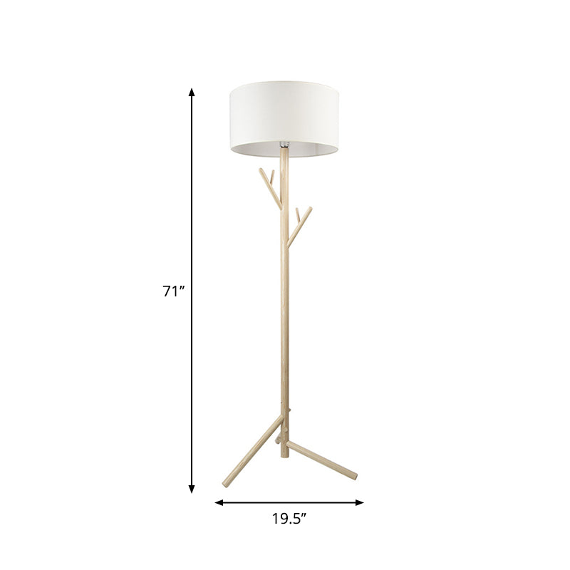 Three-Legged Drum Floor Lighting Minimalist Fabric 1 Head Bedroom Floor Lamp with Wood Coat Rack Clearhalo 'Floor Lamps' 'Lamps' Lighting' 1949415