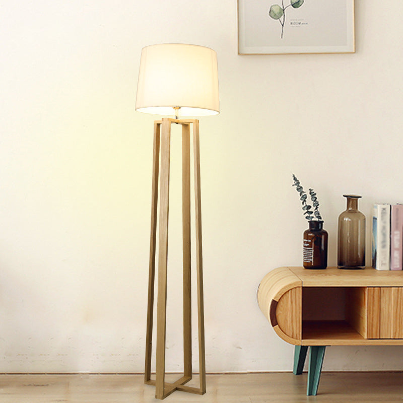 Wood Trapezoid Floor Light Contemporary 1-Light White Floor Standing Lamp with Barrel Fabric Shade Clearhalo 'Floor Lamps' 'Lamps' Lighting' 1949423