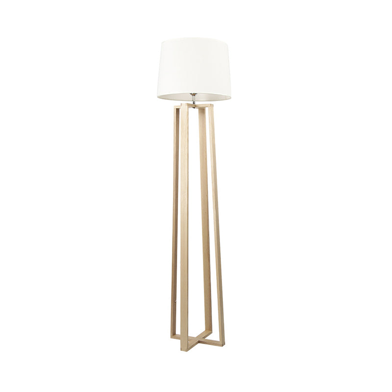 Wood Trapezoid Floor Light Contemporary 1-Light White Floor Standing Lamp with Barrel Fabric Shade Clearhalo 'Floor Lamps' 'Lamps' Lighting' 1949424