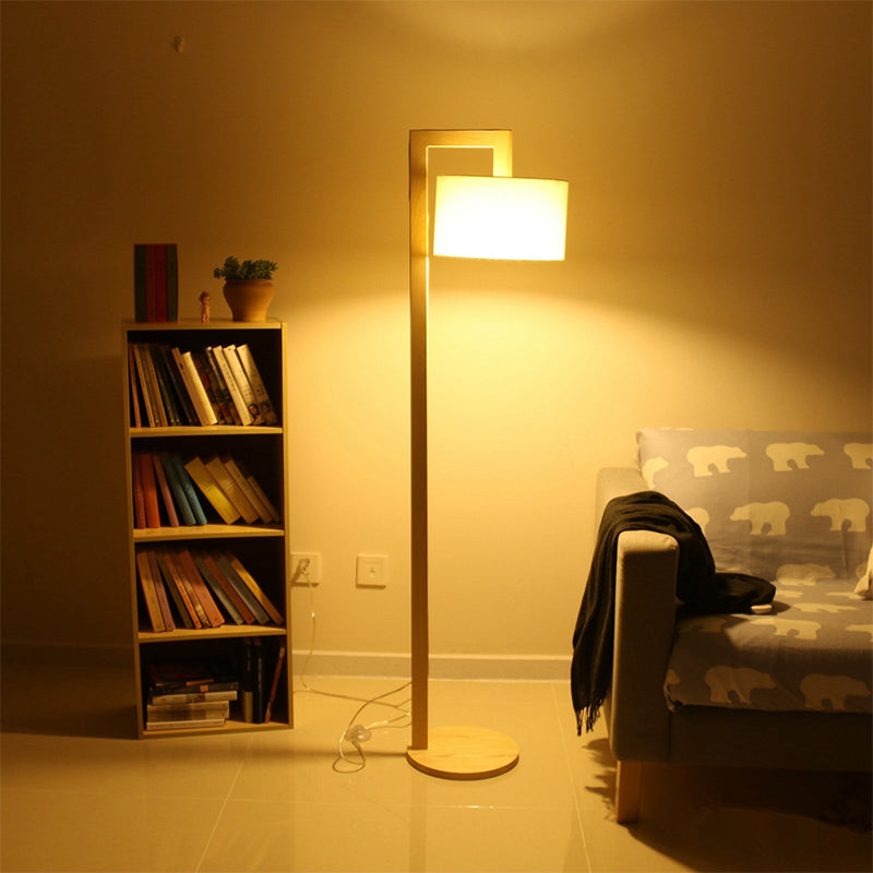 Cylindrical Fabric Floor Lamp Minimalist 1 Bulb Wood Stand Up Lamp with Right Angled Pole Clearhalo 'Floor Lamps' 'Lamps' Lighting' 1949428