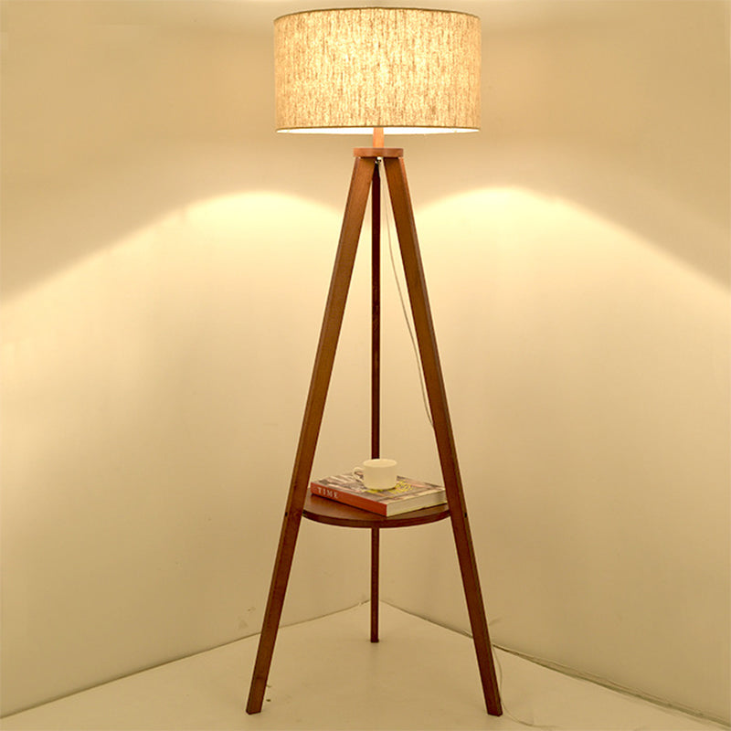 Tri-Leg Sitting Room Floor Lighting Wood 1 Head Modern Floor Lamp with Drum Fabric Shade in Beige/Brown Clearhalo 'Floor Lamps' 'Lamps' Lighting' 1949438