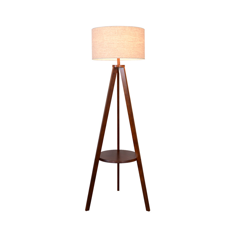 Tri-Leg Sitting Room Floor Lighting Wood 1 Head Modern Floor Lamp with Drum Fabric Shade in Beige/Brown Clearhalo 'Floor Lamps' 'Lamps' Lighting' 1949439