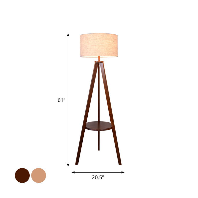 Tri-Leg Sitting Room Floor Lighting Wood 1 Head Modern Floor Lamp with Drum Fabric Shade in Beige/Brown Clearhalo 'Floor Lamps' 'Lamps' Lighting' 1949440
