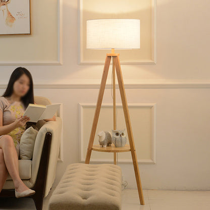 Tri-Leg Sitting Room Floor Lighting Wood 1 Head Modern Floor Lamp with Drum Fabric Shade in Beige/Brown Beige Clearhalo 'Floor Lamps' 'Lamps' Lighting' 1949441