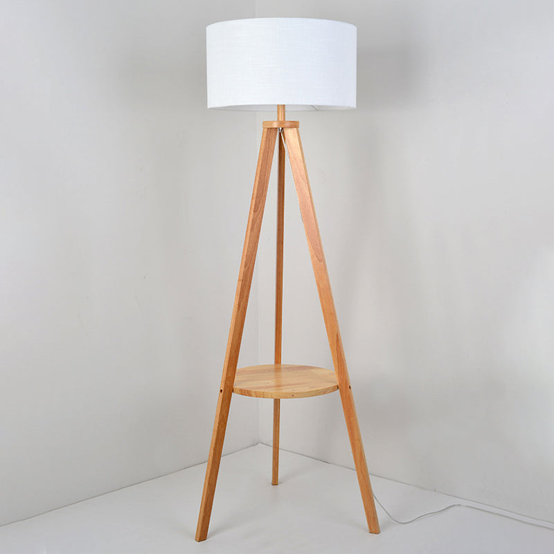 Tri-Leg Sitting Room Floor Lighting Wood 1 Head Modern Floor Lamp with Drum Fabric Shade in Beige/Brown Clearhalo 'Floor Lamps' 'Lamps' Lighting' 1949442