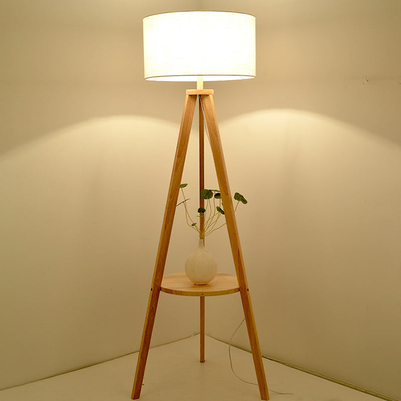 Tri-Leg Sitting Room Floor Lighting Wood 1 Head Modern Floor Lamp with Drum Fabric Shade in Beige/Brown Clearhalo 'Floor Lamps' 'Lamps' Lighting' 1949443