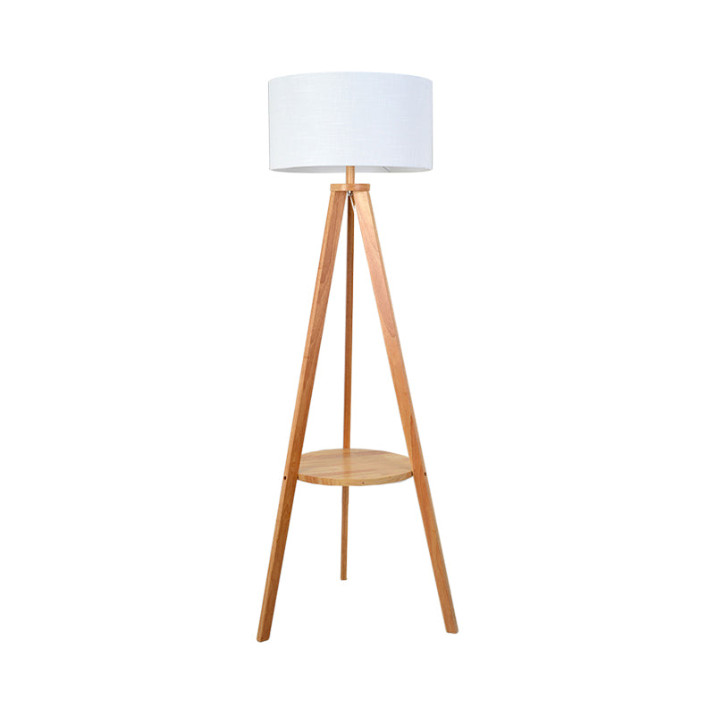 Tri-Leg Sitting Room Floor Lighting Wood 1 Head Modern Floor Lamp with Drum Fabric Shade in Beige/Brown Clearhalo 'Floor Lamps' 'Lamps' Lighting' 1949444