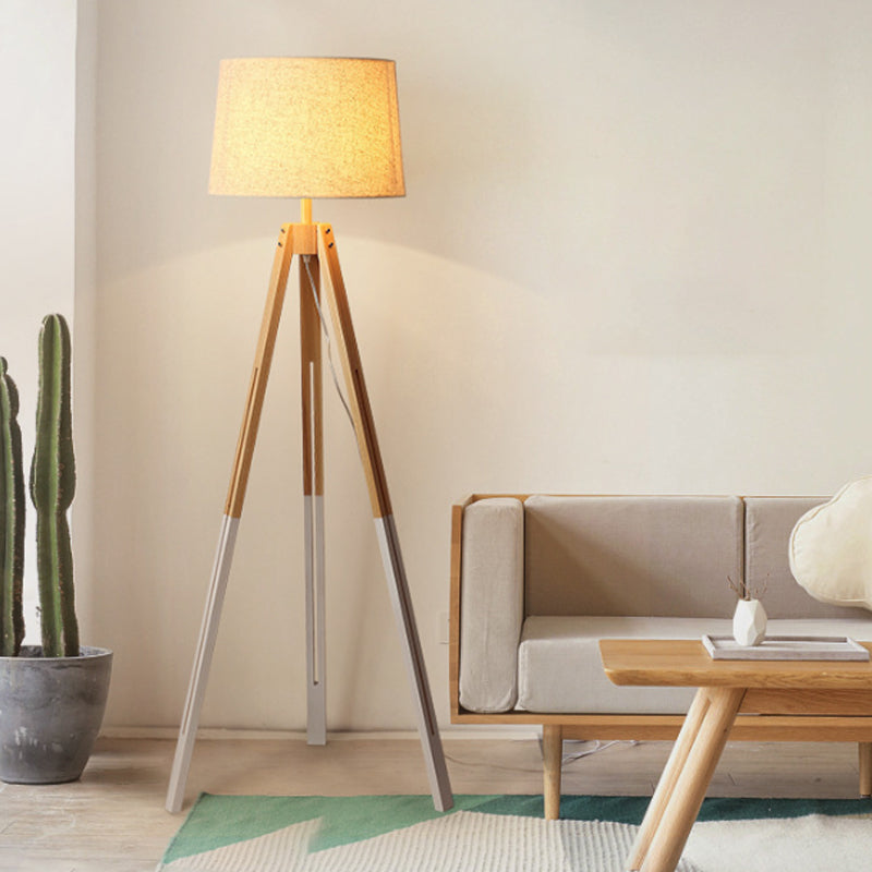 3-Legged Drum Shade Floor Light Modern Fabric 1 Bulb Black/White and Wood Floor Standing Lamp for Living Room Clearhalo 'Floor Lamps' 'Lamps' Lighting' 1949447