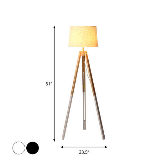 3-Legged Drum Shade Floor Light Modern Fabric 1 Bulb Black/White and Wood Floor Standing Lamp for Living Room Clearhalo 'Floor Lamps' 'Lamps' Lighting' 1949449