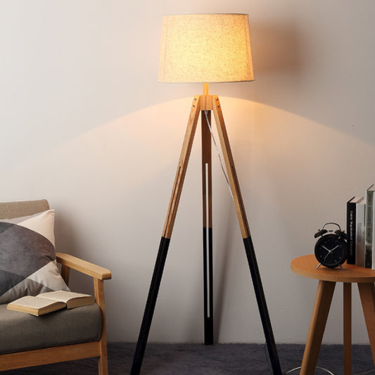 3-Legged Drum Shade Floor Light Modern Fabric 1 Bulb Black/White and Wood Floor Standing Lamp for Living Room Black Clearhalo 'Floor Lamps' 'Lamps' Lighting' 1949450