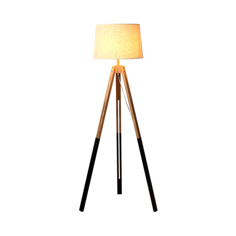 3-Legged Drum Shade Floor Light Modern Fabric 1 Bulb Black/White and Wood Floor Standing Lamp for Living Room Clearhalo 'Floor Lamps' 'Lamps' Lighting' 1949452