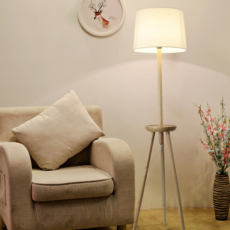 Tri-Legged Reading Floor Light Minimalist Wood 1-Light Beige Standing Floor Lamp with Drum Fabric Shade and Table Clearhalo 'Floor Lamps' 'Lamps' Lighting' 1949469