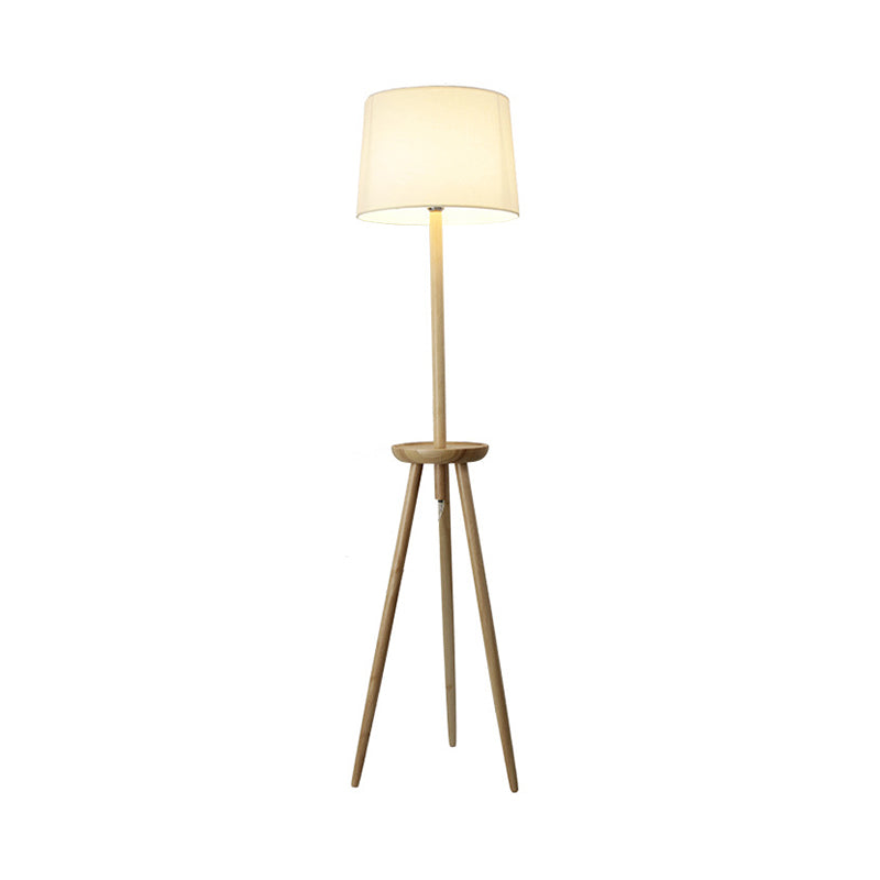 Tri-Legged Reading Floor Light Minimalist Wood 1-Light Beige Standing Floor Lamp with Drum Fabric Shade and Table Clearhalo 'Floor Lamps' 'Lamps' Lighting' 1949471