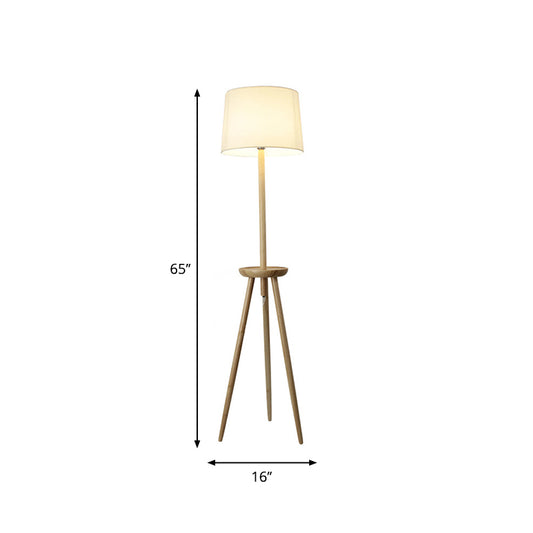 Tri-Legged Reading Floor Light Minimalist Wood 1-Light Beige Standing Floor Lamp with Drum Fabric Shade and Table Clearhalo 'Floor Lamps' 'Lamps' Lighting' 1949472