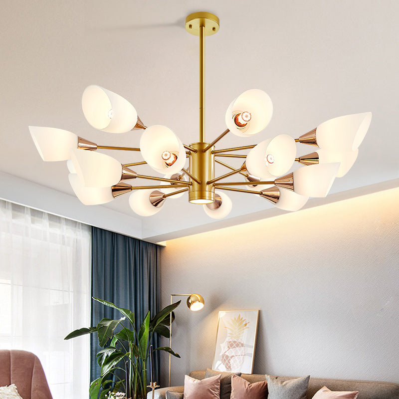 6/10/16 Bulbs Living Room Ceiling Pendant Postmodern Black/Gold Chandelier with Tulip White Glass Shade 16 Gold Clearhalo 'Ceiling Lights' 'Chandeliers' 'Modern Chandeliers' 'Modern' Lighting' 1949487