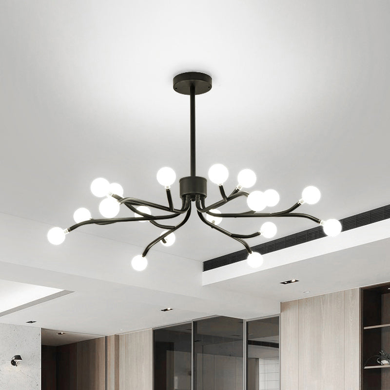 Branching Chandelier Lamp Postmodern Frosted White Ball Glass 18 Heads Dining Room Hanging Light in Black/Gold Black Clearhalo 'Ceiling Lights' 'Chandeliers' 'Modern Chandeliers' 'Modern' Lighting' 1949558