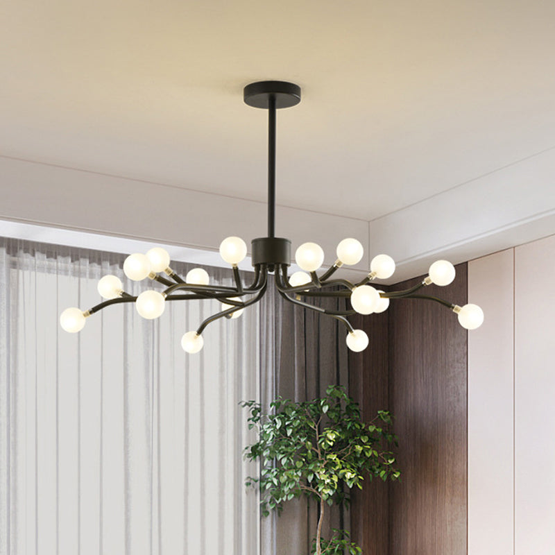 Branching Chandelier Lamp Postmodern Frosted White Ball Glass 18 Heads Dining Room Hanging Light in Black/Gold Clearhalo 'Ceiling Lights' 'Chandeliers' 'Modern Chandeliers' 'Modern' Lighting' 1949559