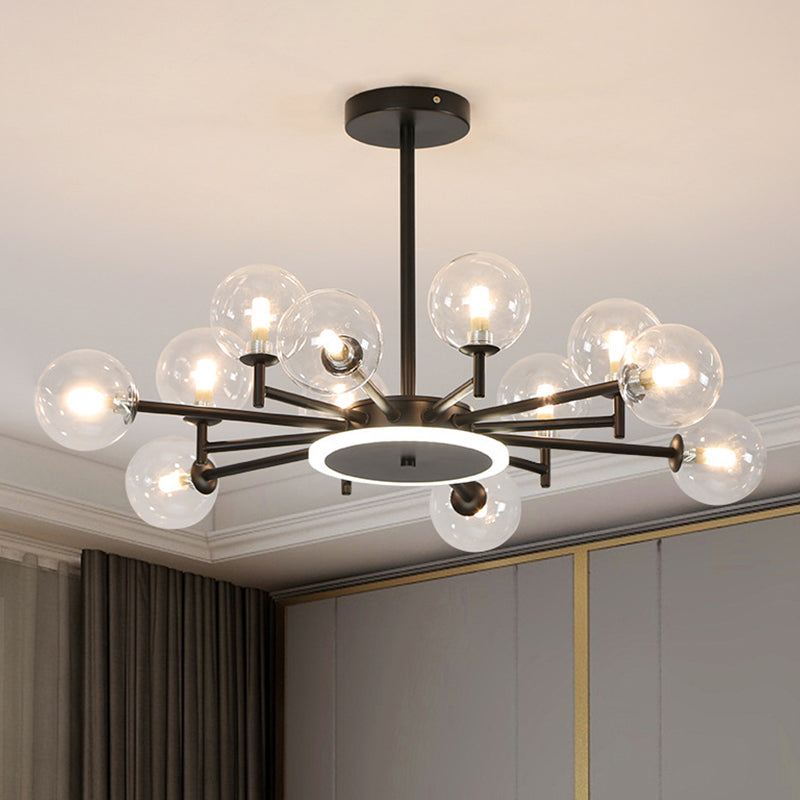 Black/Gold Starburst Chandelier Contemporary 12/16-Head Opal Frosted/Clear Glass Suspension Lighting for Living Room 12 Black Clear Clearhalo 'Ceiling Lights' 'Chandeliers' 'Modern Chandeliers' 'Modern' Lighting' 1949595