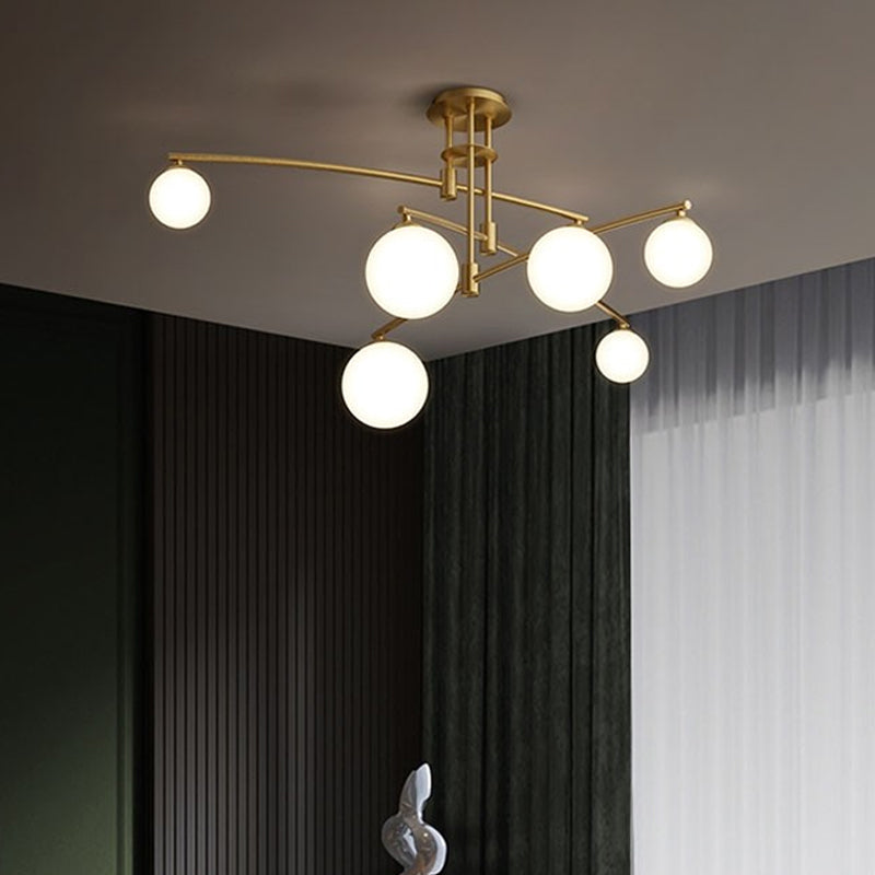 3-Layered Bedroom Chandelier Metallic 6/9-Light Minimalist Hanging Lamp in Black/Gold with Ball White Glass Shade 6 Gold Clearhalo 'Ceiling Lights' 'Chandeliers' 'Modern Chandeliers' 'Modern' Lighting' 1949608