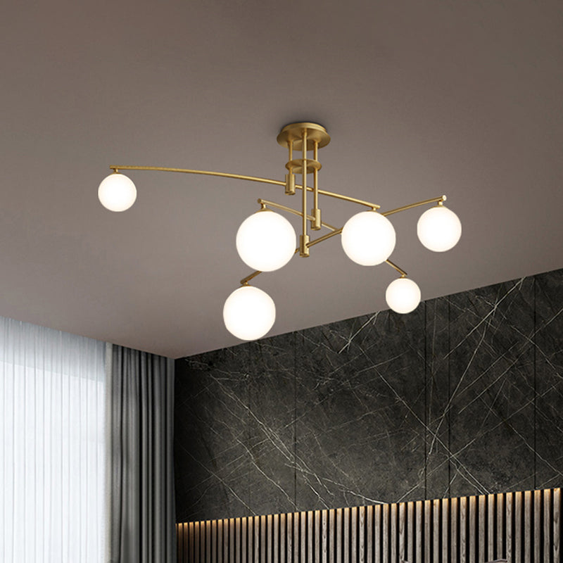 3-Layered Bedroom Chandelier Metallic 6/9-Light Minimalist Hanging Lamp in Black/Gold with Ball White Glass Shade Clearhalo 'Ceiling Lights' 'Chandeliers' 'Modern Chandeliers' 'Modern' Lighting' 1949609