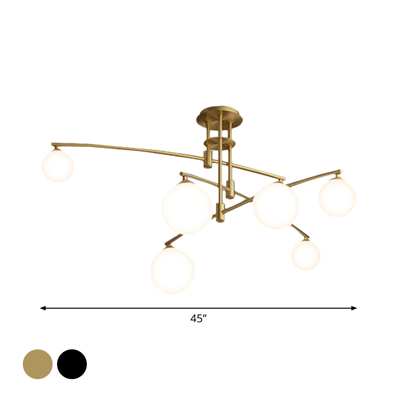 3-Layered Bedroom Chandelier Metallic 6/9-Light Minimalist Hanging Lamp in Black/Gold with Ball White Glass Shade Clearhalo 'Ceiling Lights' 'Chandeliers' 'Modern Chandeliers' 'Modern' Lighting' 1949612