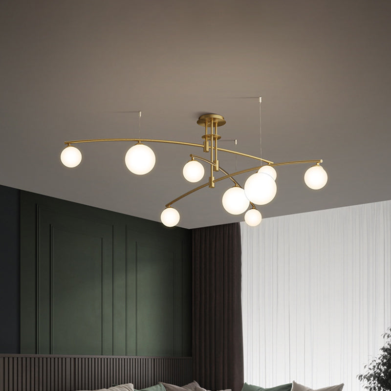 3-Layered Bedroom Chandelier Metallic 6/9-Light Minimalist Hanging Lamp in Black/Gold with Ball White Glass Shade 9 Gold Clearhalo 'Ceiling Lights' 'Chandeliers' 'Modern Chandeliers' 'Modern' Lighting' 1949613