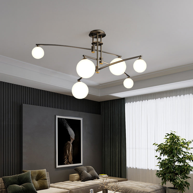 3-Layered Bedroom Chandelier Metallic 6/9-Light Minimalist Hanging Lamp in Black/Gold with Ball White Glass Shade 6 Black Clearhalo 'Ceiling Lights' 'Chandeliers' 'Modern Chandeliers' 'Modern' Lighting' 1949618