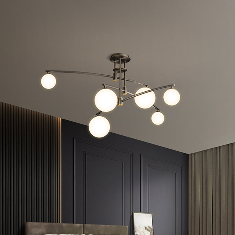 3-Layered Bedroom Chandelier Metallic 6/9-Light Minimalist Hanging Lamp in Black/Gold with Ball White Glass Shade Clearhalo 'Ceiling Lights' 'Chandeliers' 'Modern Chandeliers' 'Modern' Lighting' 1949619
