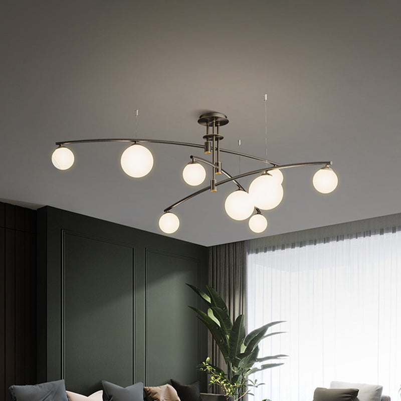 3-Layered Bedroom Chandelier Metallic 6/9-Light Minimalist Hanging Lamp in Black/Gold with Ball White Glass Shade 9 Black Clearhalo 'Ceiling Lights' 'Chandeliers' 'Modern Chandeliers' 'Modern' Lighting' 1949622