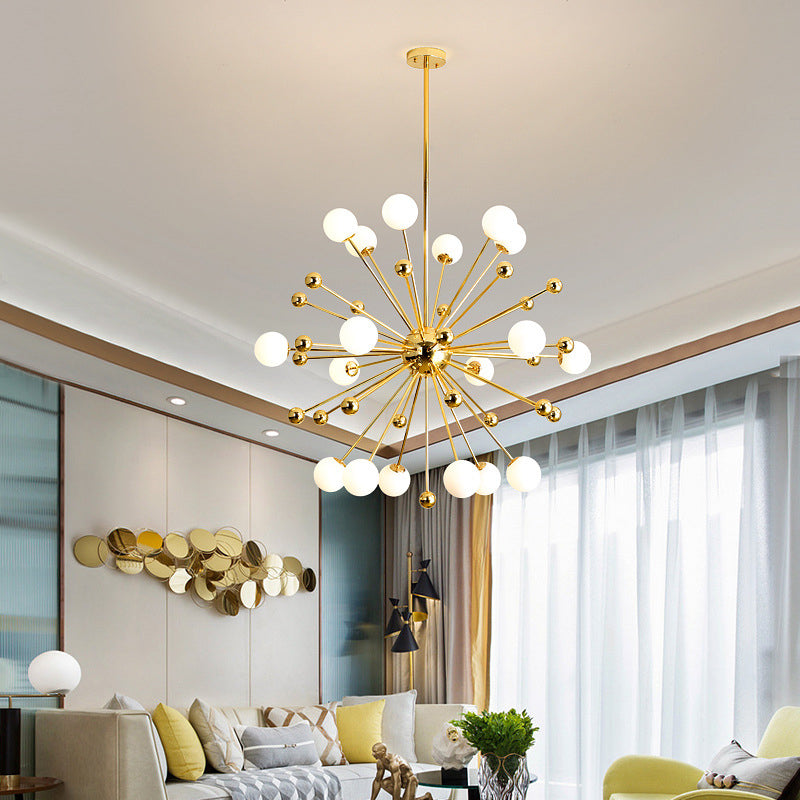 Modern Stylish Burst Ball Chandelier Frosted White Glass 11/12/18-Light Living Room Ceiling Hang Lamp in Gold 18 Gold Clearhalo 'Ceiling Lights' 'Chandeliers' 'Modern Chandeliers' 'Modern' Lighting' 1949625