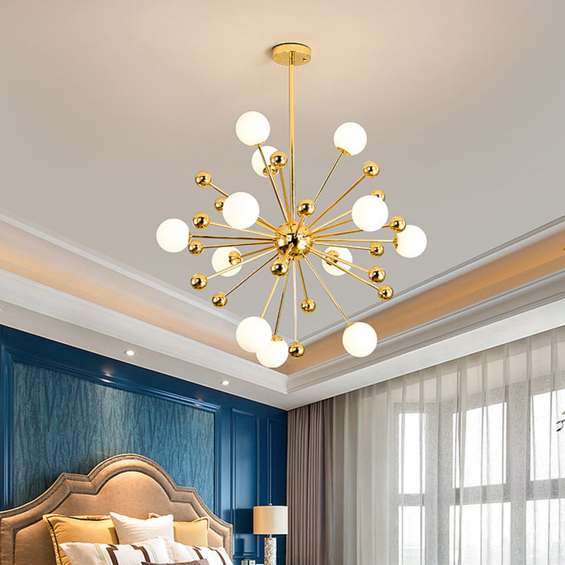 Modern Stylish Burst Ball Chandelier Frosted White Glass 11/12/18-Light Living Room Ceiling Hang Lamp in Gold 12 Gold Clearhalo 'Ceiling Lights' 'Chandeliers' 'Modern Chandeliers' 'Modern' Lighting' 1949630