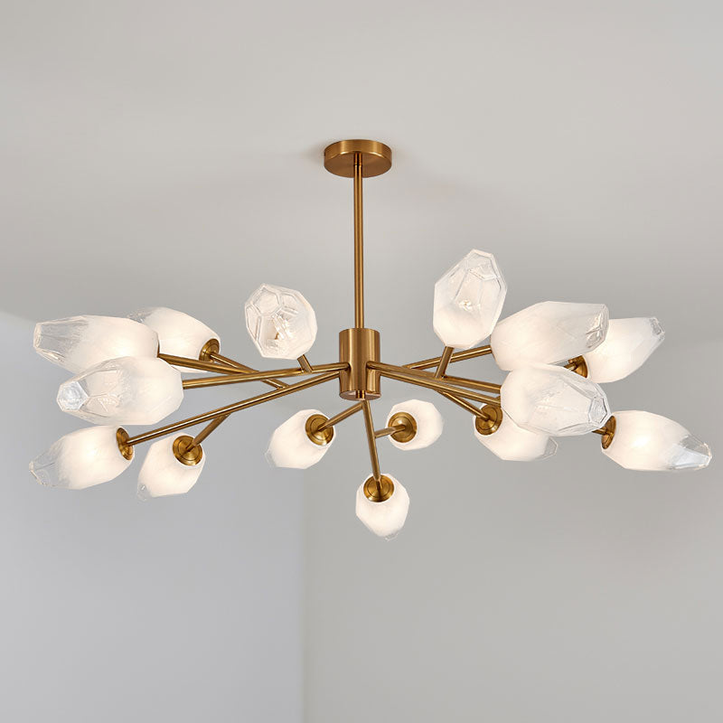 Opal Frosted Glass Tulip Bud Pendant Light Postmodern 12/15 Heads Ceiling Chandelier in Gold 15 Gold Clearhalo 'Ceiling Lights' 'Chandeliers' 'Modern Chandeliers' 'Modern' Lighting' 1949639