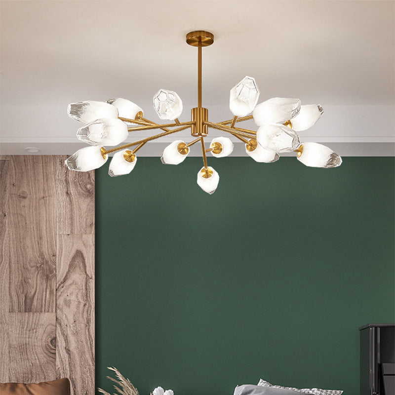 Opal Frosted Glass Tulip Bud Pendant Light Postmodern 12/15 Heads Ceiling Chandelier in Gold Clearhalo 'Ceiling Lights' 'Chandeliers' 'Modern Chandeliers' 'Modern' Lighting' 1949642