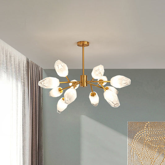 Opal Frosted Glass Tulip Bud Pendant Light Postmodern 12/15 Heads Ceiling Chandelier in Gold Clearhalo 'Ceiling Lights' 'Chandeliers' 'Modern Chandeliers' 'Modern' Lighting' 1949646