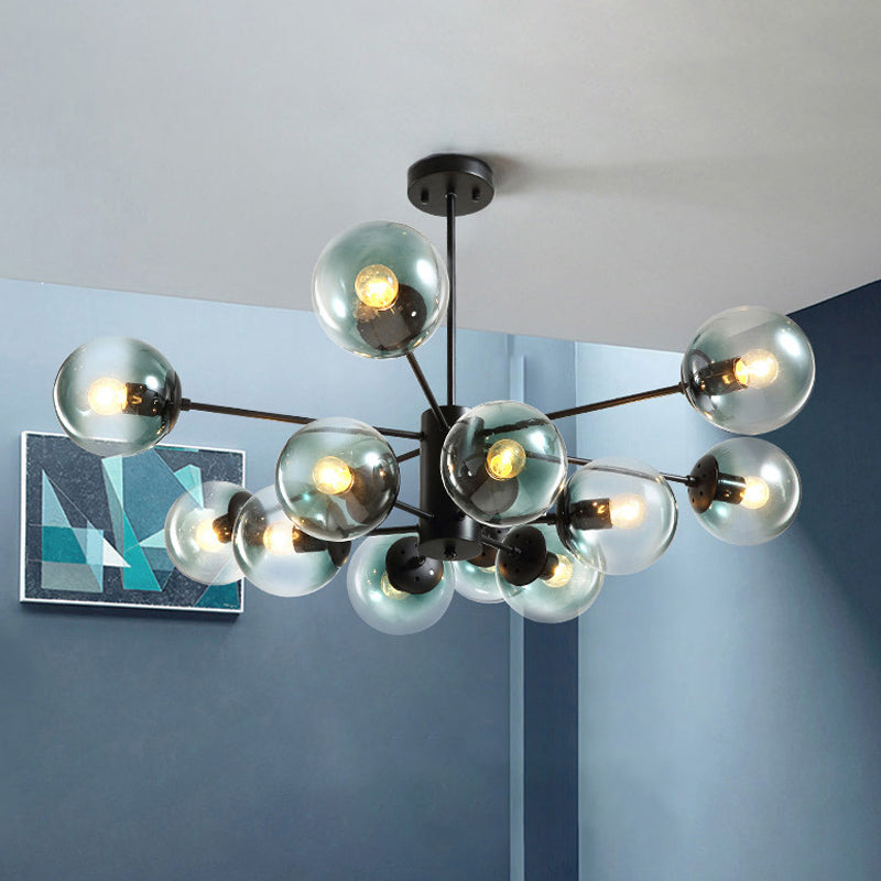 12-Light Living Room Chandelier Contemporary Black Hanging Light with Ball Amber/Blue/Clear Glass Shade Blue Clearhalo 'Ceiling Lights' 'Chandeliers' 'Clear' 'Industrial' 'Modern Chandeliers' 'Modern' 'Tiffany' 'Traditional Chandeliers' Lighting' 1949656