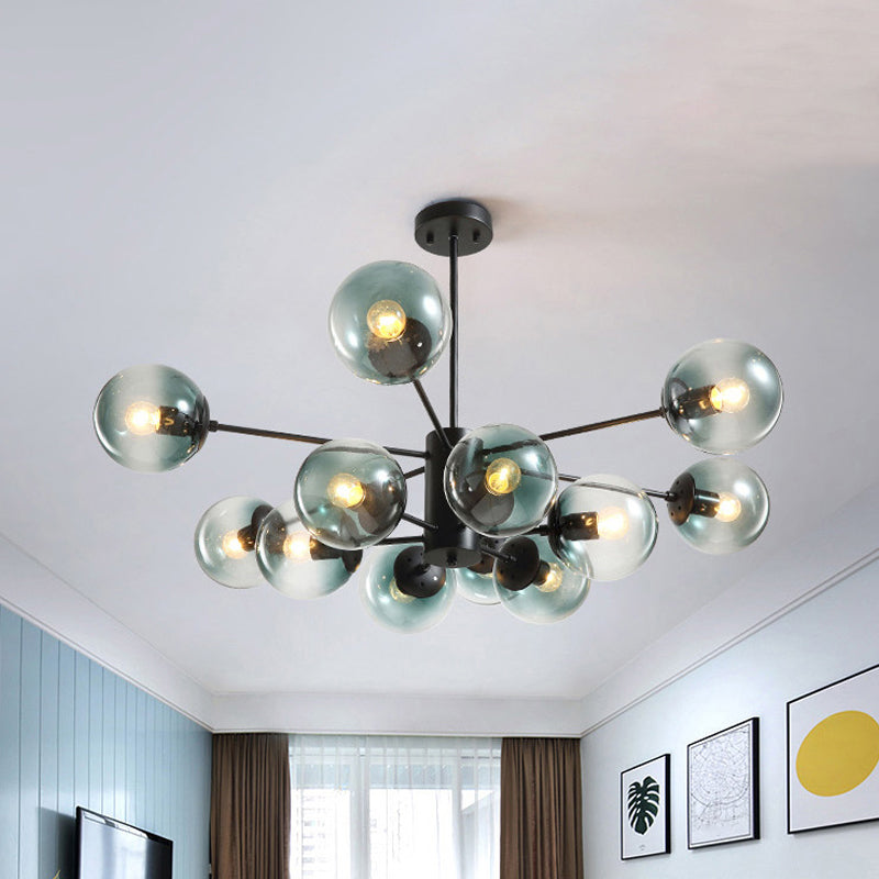 12-Light Living Room Chandelier Contemporary Black Hanging Light with Ball Amber/Blue/Clear Glass Shade Clearhalo 'Ceiling Lights' 'Chandeliers' 'Clear' 'Industrial' 'Modern Chandeliers' 'Modern' 'Tiffany' 'Traditional Chandeliers' Lighting' 1949657