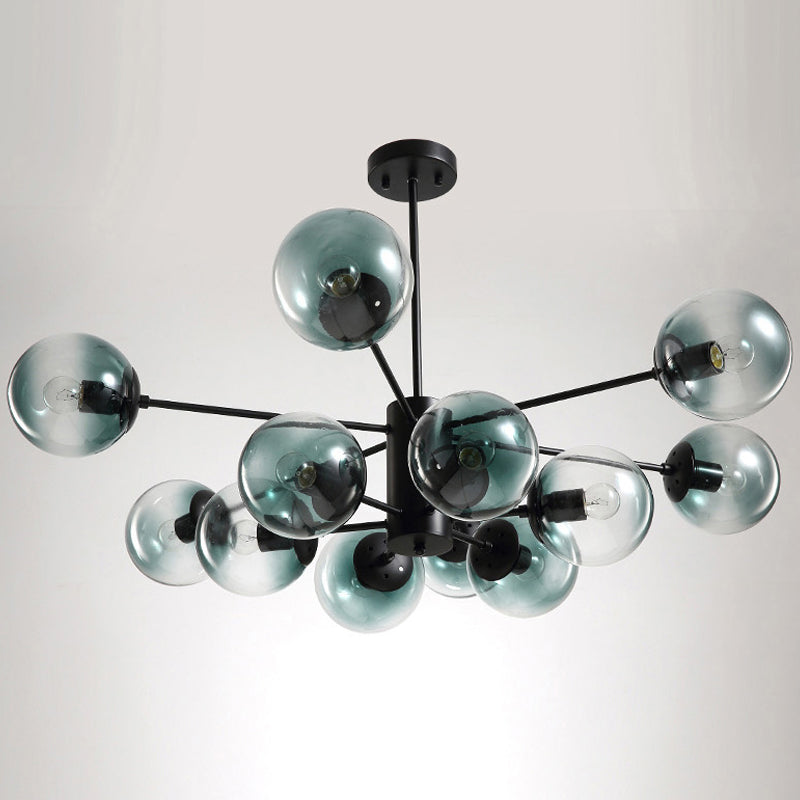12-Light Living Room Chandelier Contemporary Black Hanging Light with Ball Amber/Blue/Clear Glass Shade Clearhalo 'Ceiling Lights' 'Chandeliers' 'Clear' 'Industrial' 'Modern Chandeliers' 'Modern' 'Tiffany' 'Traditional Chandeliers' Lighting' 1949659