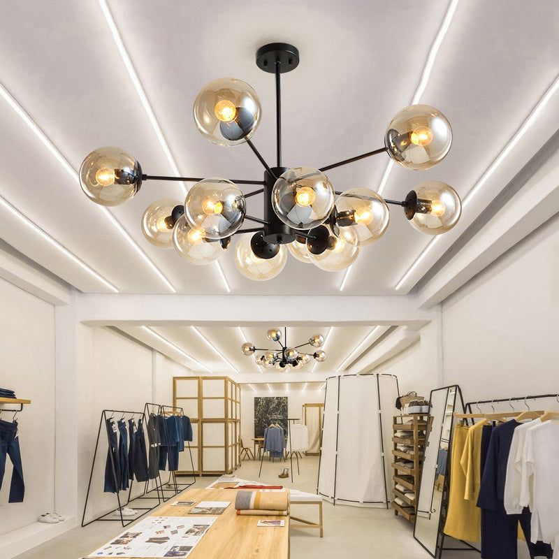 12-Light Living Room Chandelier Contemporary Black Hanging Light with Ball Amber/Blue/Clear Glass Shade Clearhalo 'Ceiling Lights' 'Chandeliers' 'Clear' 'Industrial' 'Modern Chandeliers' 'Modern' 'Tiffany' 'Traditional Chandeliers' Lighting' 1949662