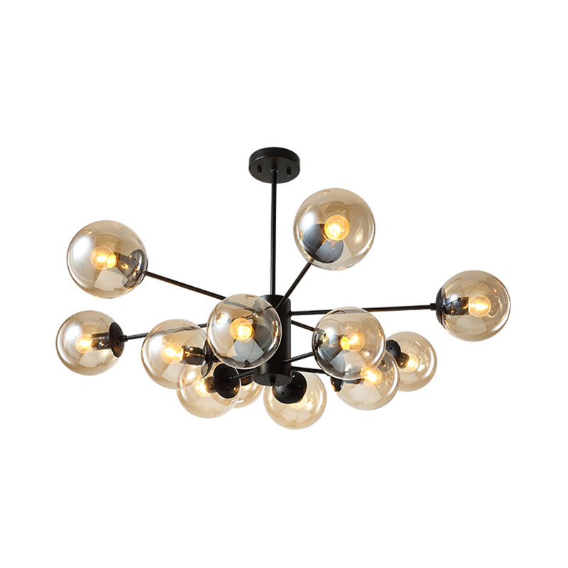 12-Light Living Room Chandelier Contemporary Black Hanging Light with Ball Amber/Blue/Clear Glass Shade Clearhalo 'Ceiling Lights' 'Chandeliers' 'Clear' 'Industrial' 'Modern Chandeliers' 'Modern' 'Tiffany' 'Traditional Chandeliers' Lighting' 1949663