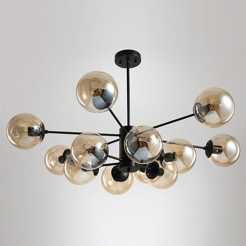 12-Light Living Room Chandelier Contemporary Black Hanging Light with Ball Amber/Blue/Clear Glass Shade Clearhalo 'Ceiling Lights' 'Chandeliers' 'Clear' 'Industrial' 'Modern Chandeliers' 'Modern' 'Tiffany' 'Traditional Chandeliers' Lighting' 1949664