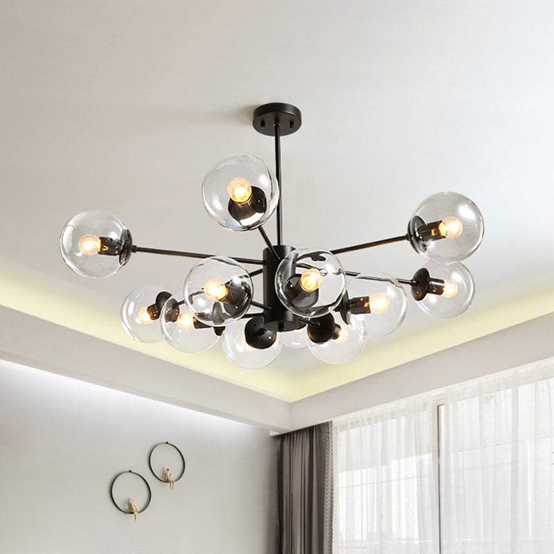 12-Light Living Room Chandelier Contemporary Black Hanging Light with Ball Amber/Blue/Clear Glass Shade Clear Clearhalo 'Ceiling Lights' 'Chandeliers' 'Clear' 'Industrial' 'Modern Chandeliers' 'Modern' 'Tiffany' 'Traditional Chandeliers' Lighting' 1949665