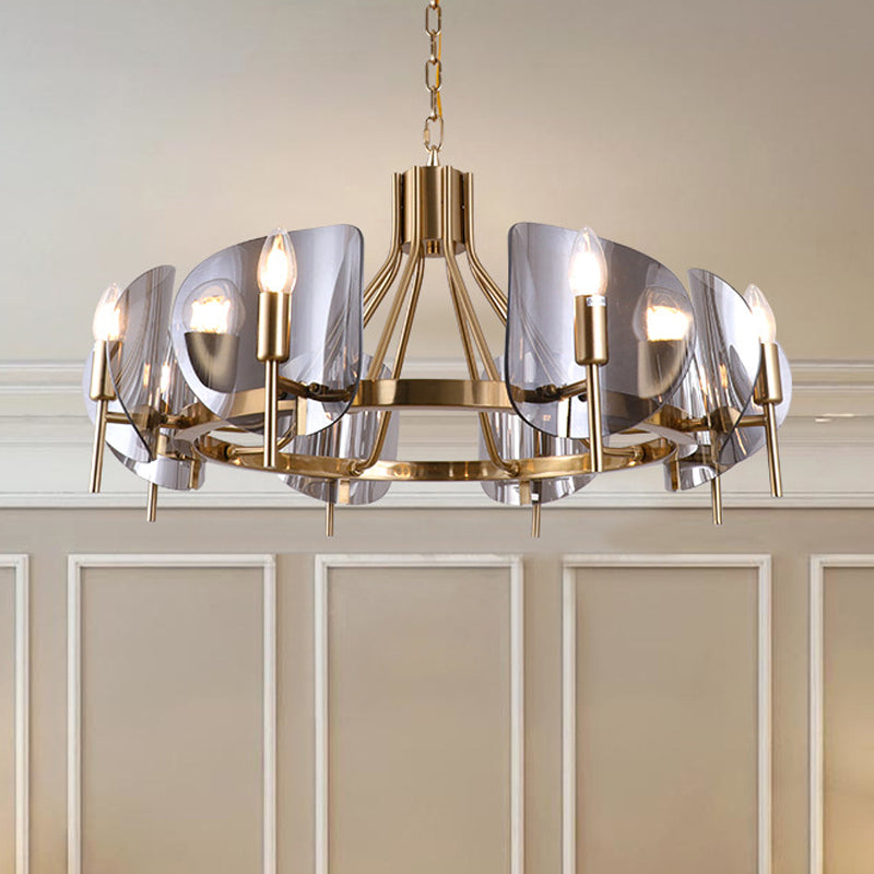 Shield Parlor Ceiling Hang Light Smoky Grey Glass 8 Lights Postmodern Chandelier Lighting in Gold Clearhalo 'Ceiling Lights' 'Chandeliers' 'Modern Chandeliers' 'Modern' Lighting' 1949675